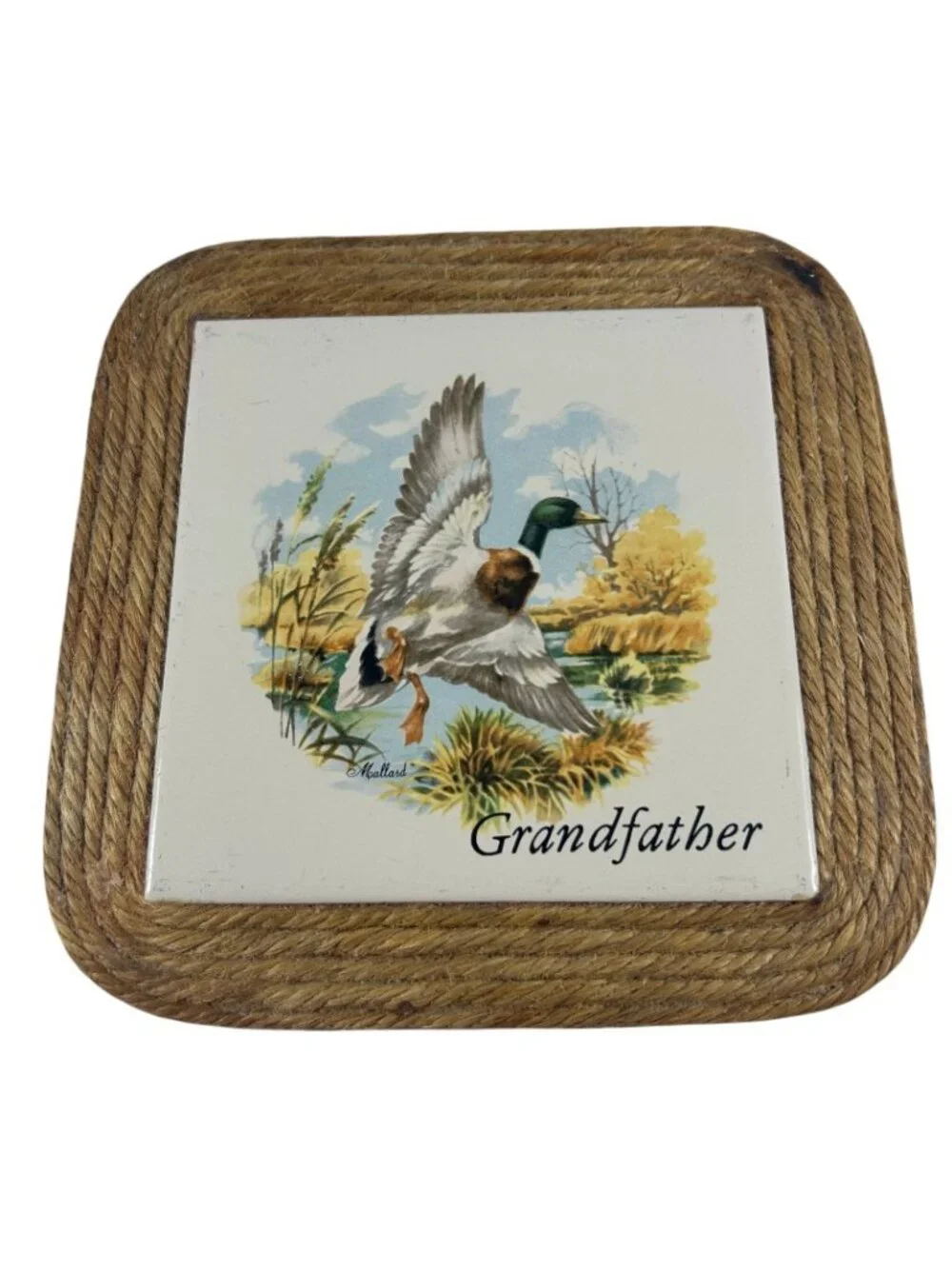 Vintage Grandfather Mallard Duck Ceramic Tile Rope Trivet Rustic Decor